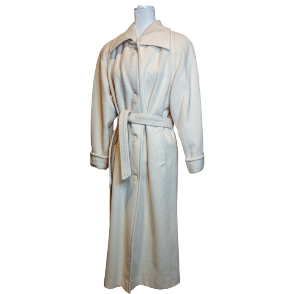 VTG Full Length Kristen Blake Ivory White Wool Coat Sz 6 Button Front Belted